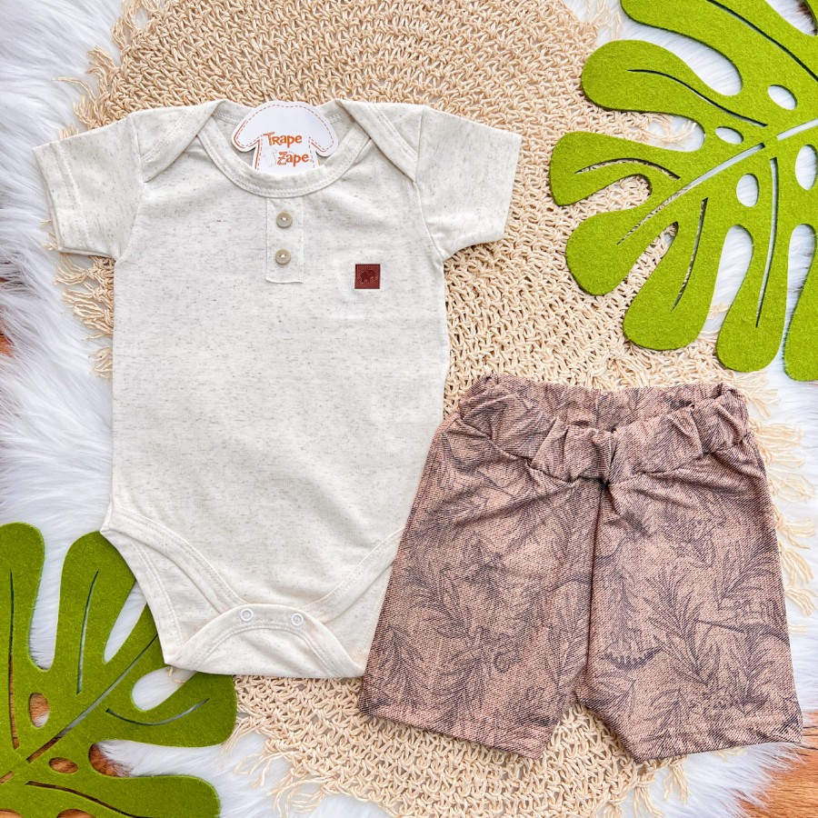 Conj. Body Manga Curta em Linho e Bermuda Folhagem Dino - Areia